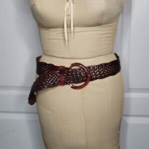 Vintage faux vegan braided leather wide belt Medium adjustable brass buckle